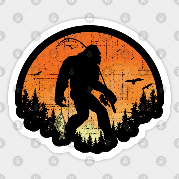 Fishing Bigfoot Sunset - Retro Bigfoot Sticker by Tesszero